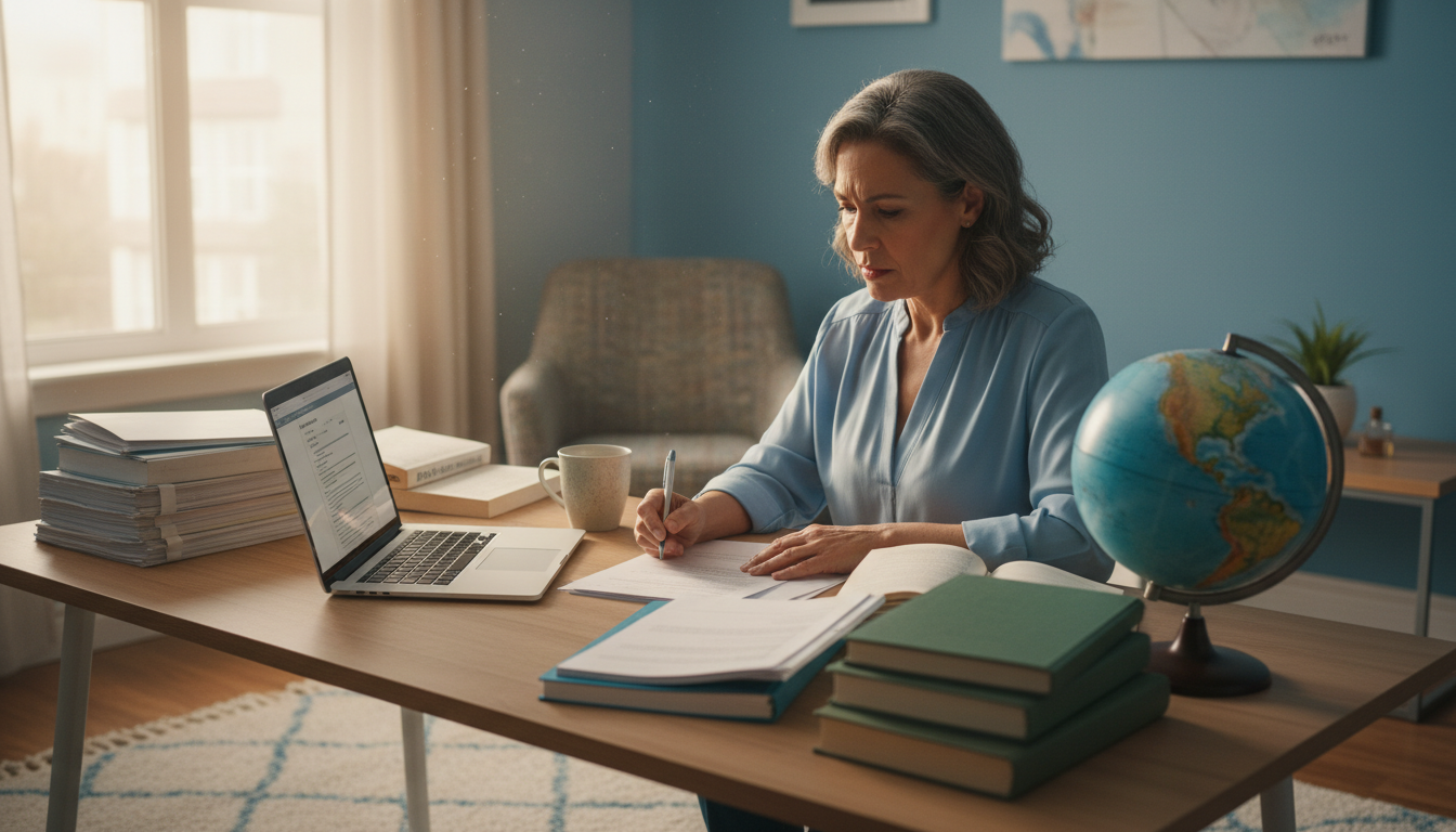 A certified translator working at a desk with documents, showcasing professionalism in translation.