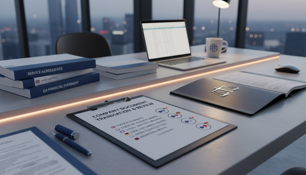 A checklist with corporate documents and translation symbols on a desk.