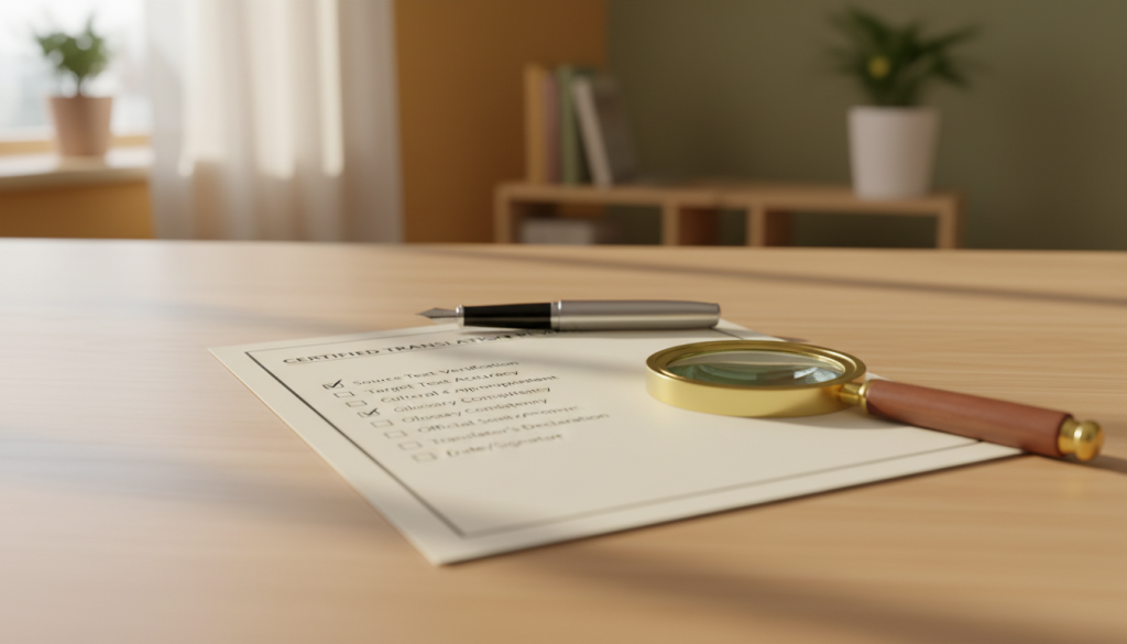 A checklist with translation documents, a pen, and a magnifying glass on a desk.