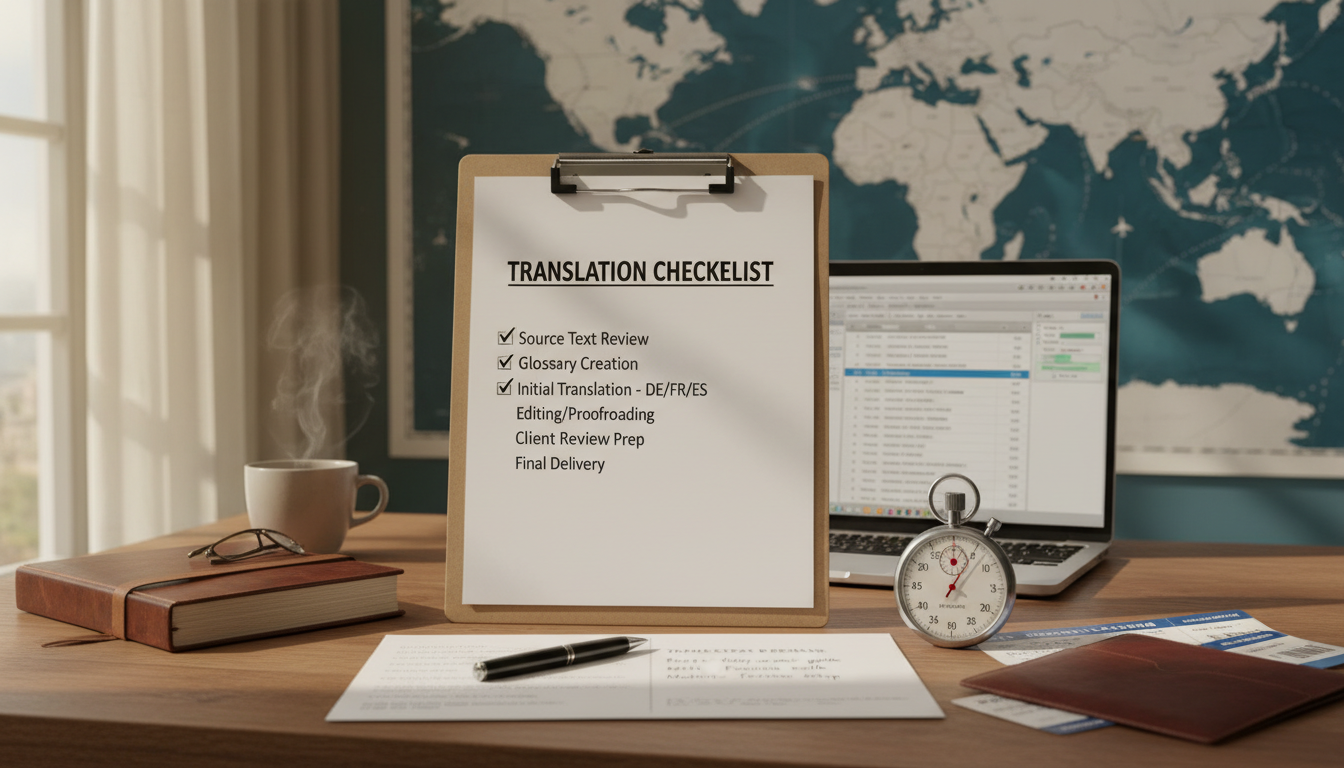 A checklist with translation notes, airplane tickets, and a stopwatch on a desk.