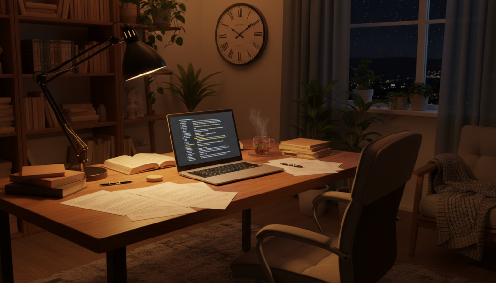 A clock showing midnight with translation documents and a laptop in a cozy office setting.