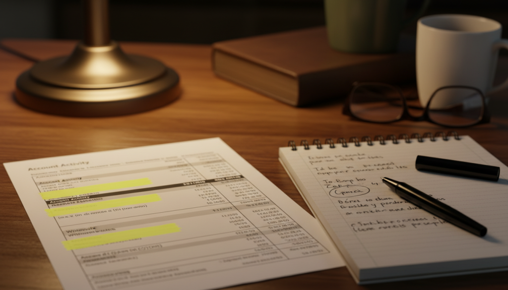 A close-up of a bank statement with highlighted sections and translation notes.