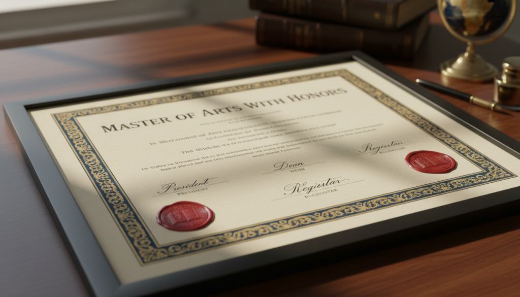 A close-up of a diploma featuring seals, signatures, and an award title.