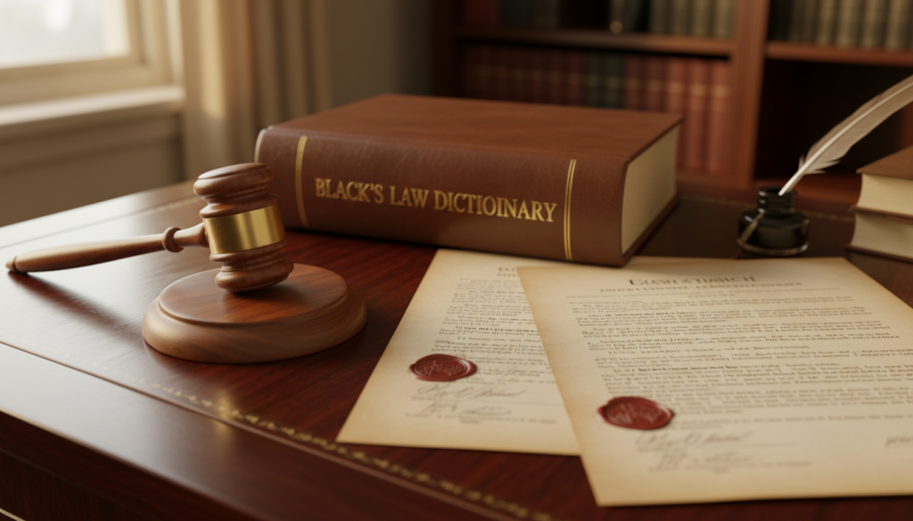 A close-up of a gavel, legal documents, and a dictionary on a wooden desk.