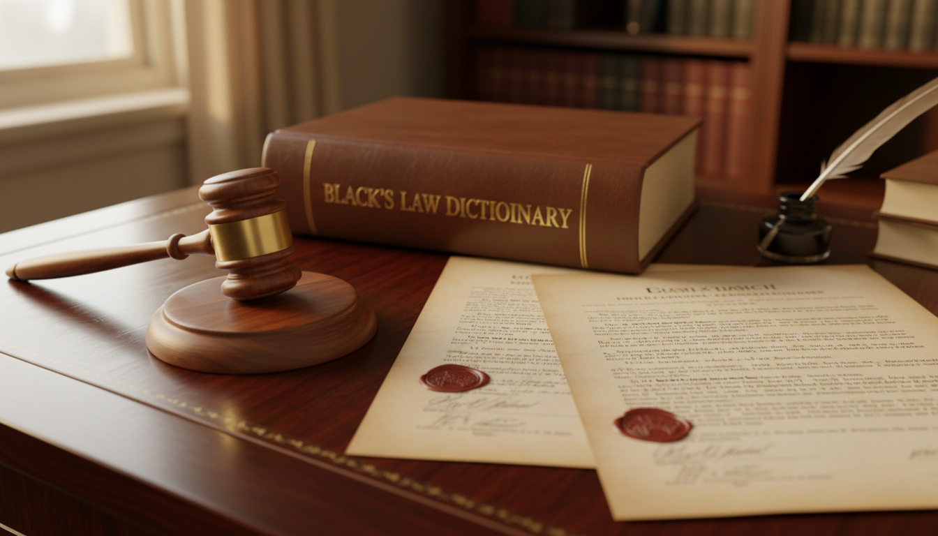 A close-up of a gavel, legal documents, and a dictionary on a wooden desk.