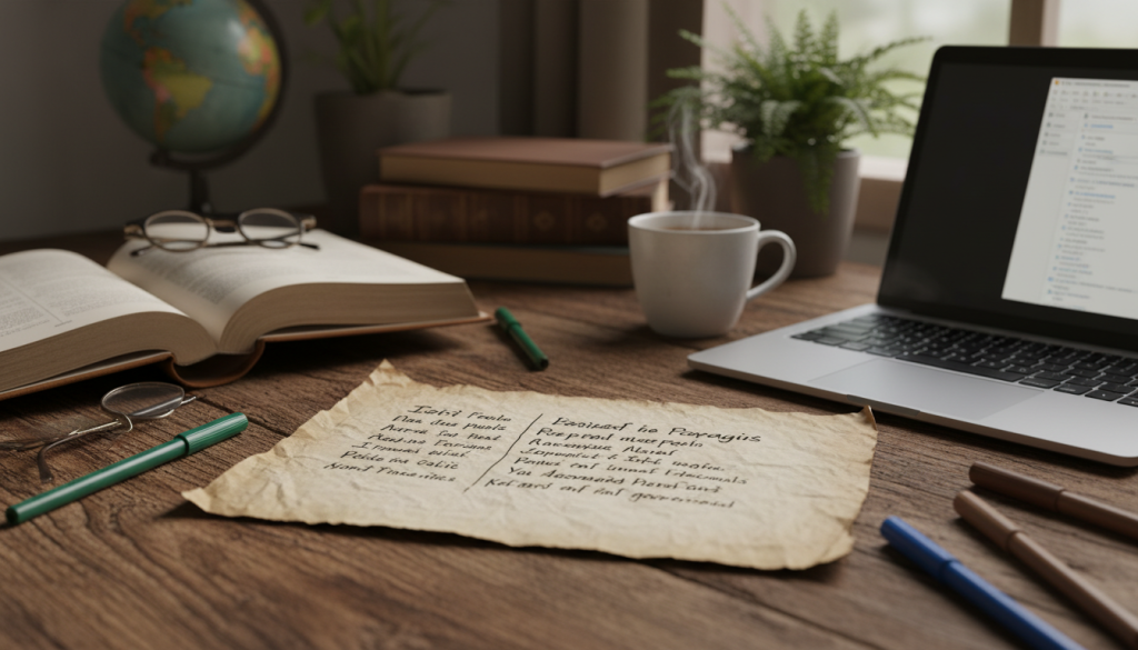 A close-up of a handwritten note being translated with annotations and notes in the background.