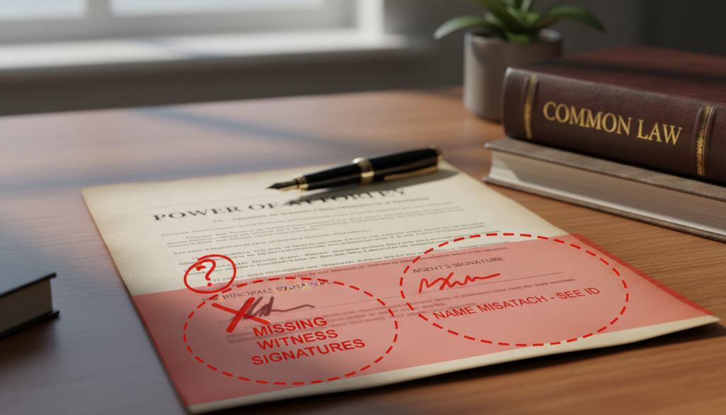 A close-up of a power of attorney document with highlighted signature sections and red correction marks.