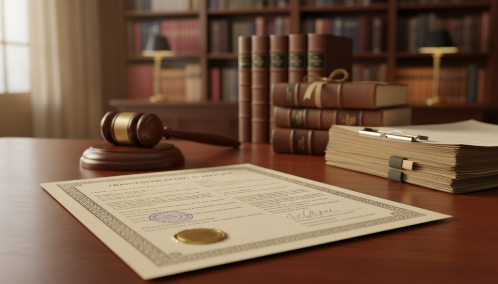 A close-up of a translated death certificate with a gavel and legal documents in the background.