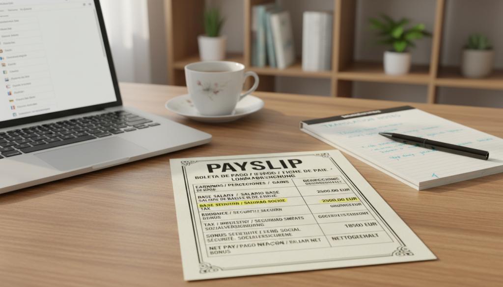 A close-up of a translated payslip with highlighted payroll terms in different languages.