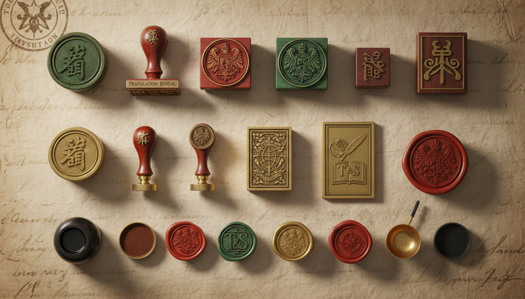 A close-up of various traditional stamps and seals on a vintage paper background.