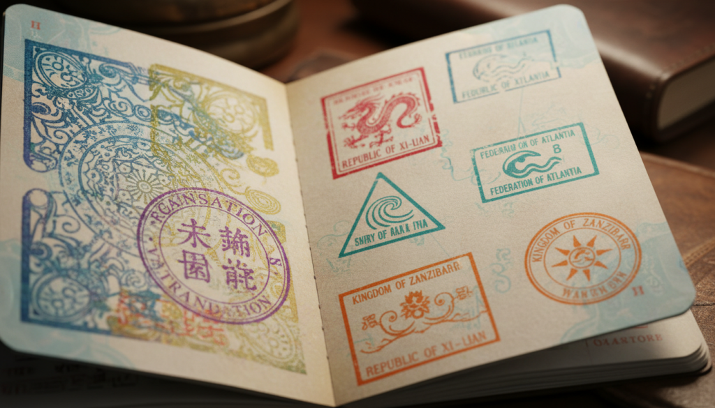 A close-up view of a passport open to pages with various translation stamps and visas.
