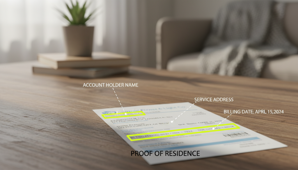 A close-up view of a utility bill with highlighted sections showing proof of address details.