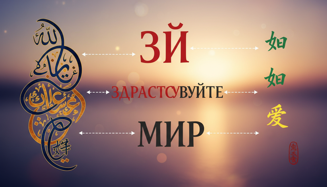 A collage of Arabic, Cyrillic, and Chinese scripts with translation symbols.