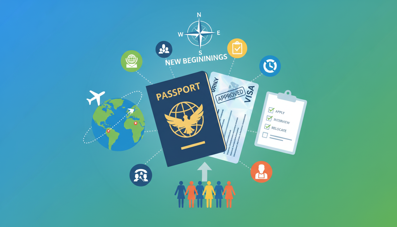 A collage of immigration-related icons, such as passports, visas, and a globe.