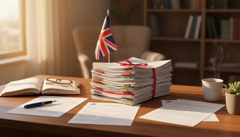 A collage of school admission documents, including translated certificates and a UK flag.