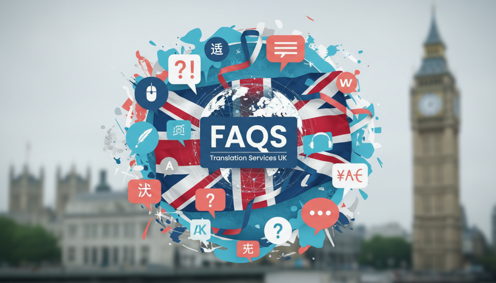 A collage of translation service icons with a UK flag backdrop.