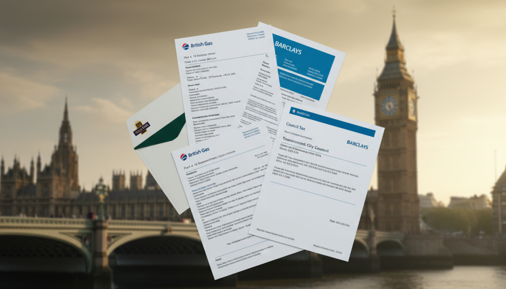 A collage of utility bills, council letters, and bank mail with UK landmarks in the background.
