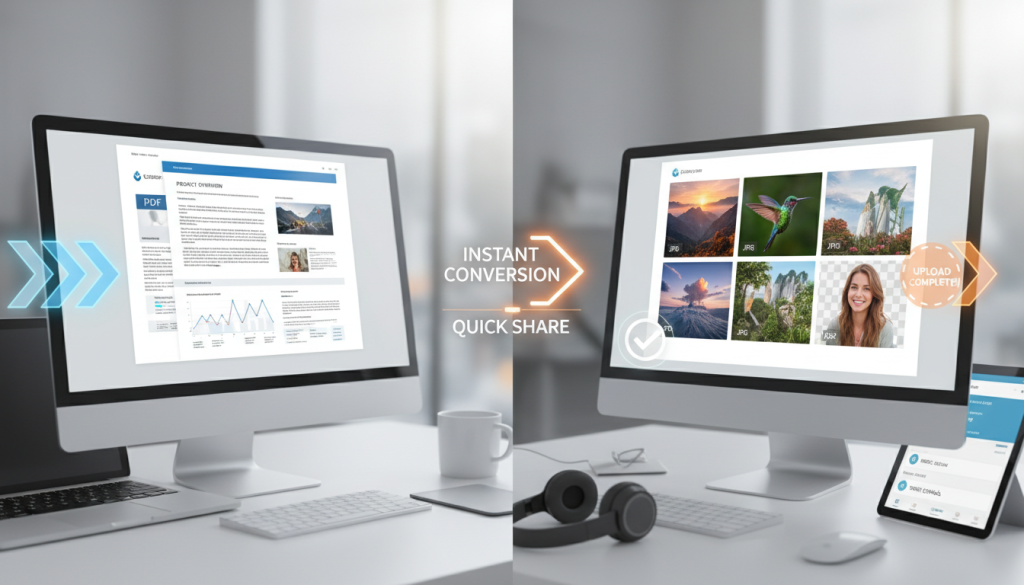 A comparison of PDF documents and photo files on a digital screen with speed icons.