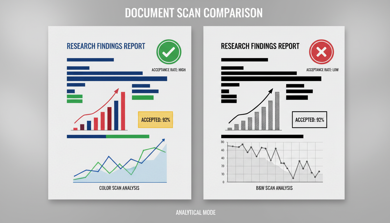 A comparison of color and black and white scans with acceptance ratings displayed visually.