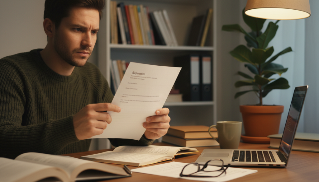 A frustrated person reviewing a rejection letter with a laptop and notes on a desk.