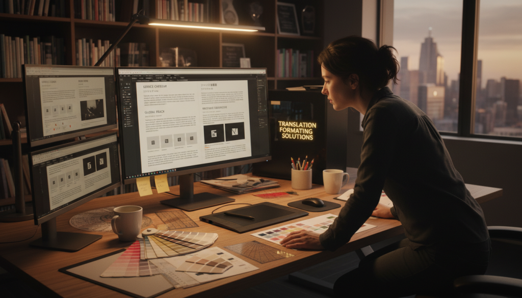 A graphic designer working on a multilingual document, showcasing layout and formatting tools.