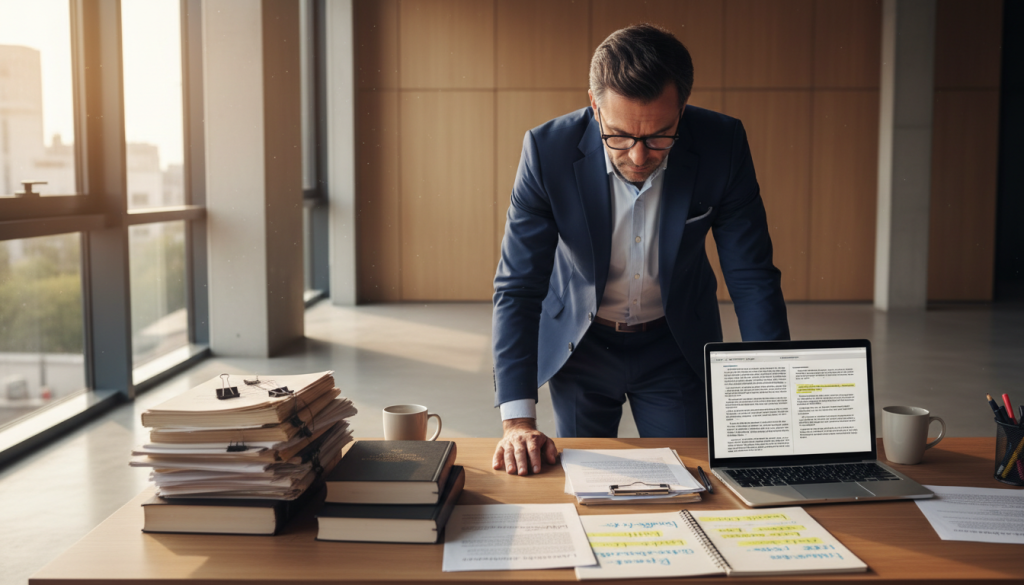 A lawyer reviewing legal documents with translation notes on a desk, highlighting probate terms.
