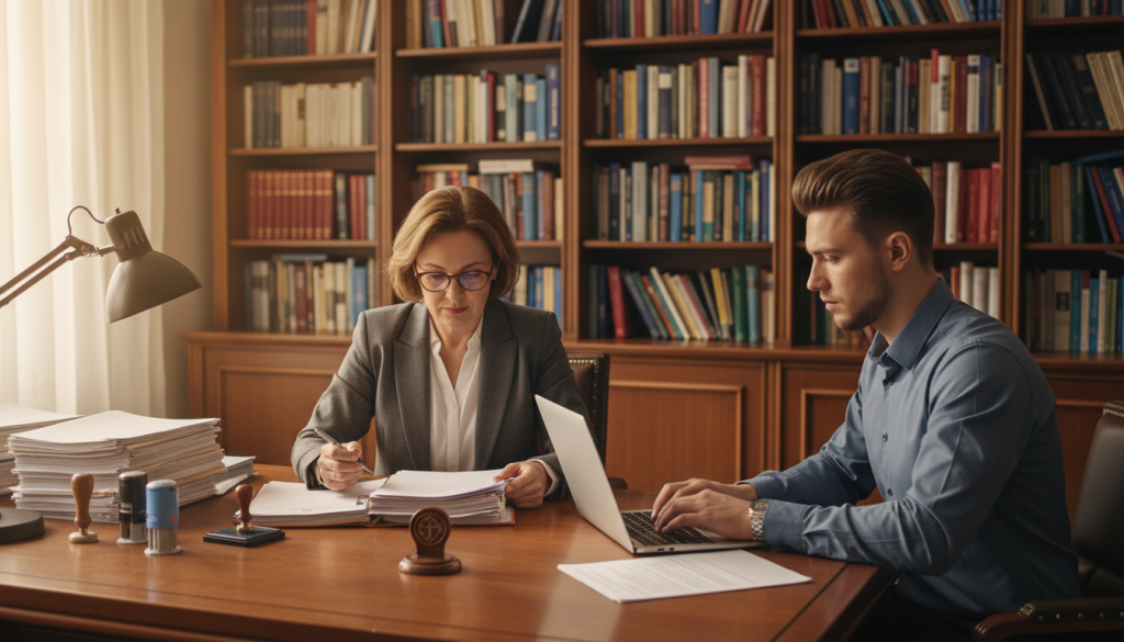 A notary public and a translator working together on legal documents.