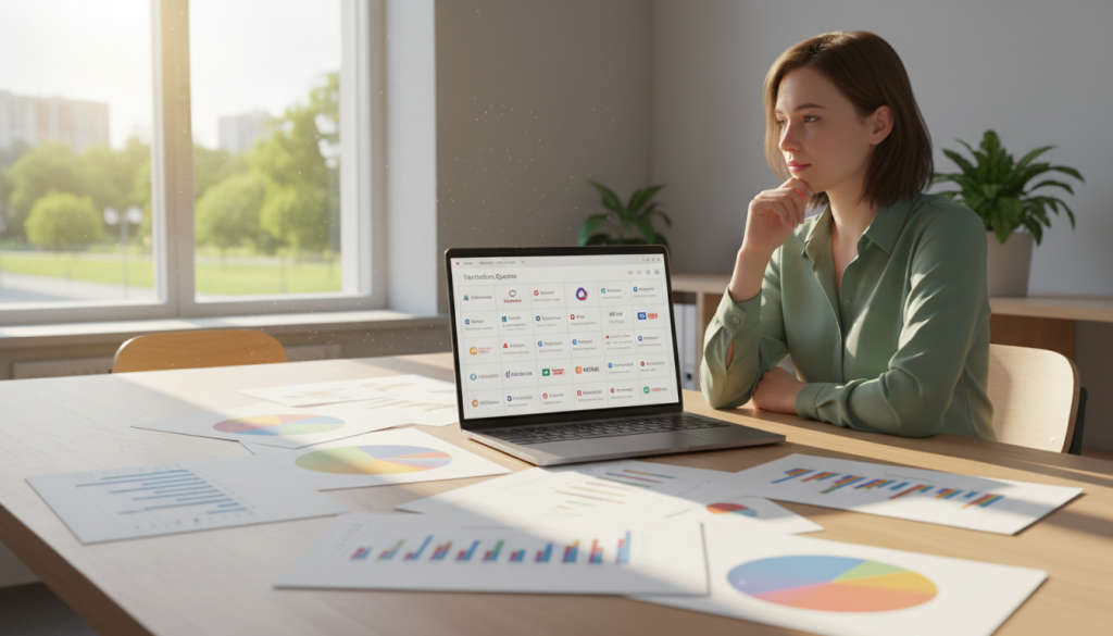 A person analyzing translation quotes with a laptop and comparison charts.