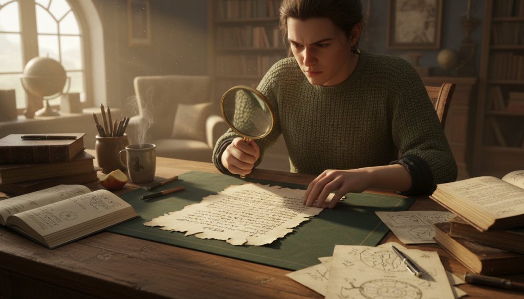 A person examining a partially torn document with magnifying glass and notebook.