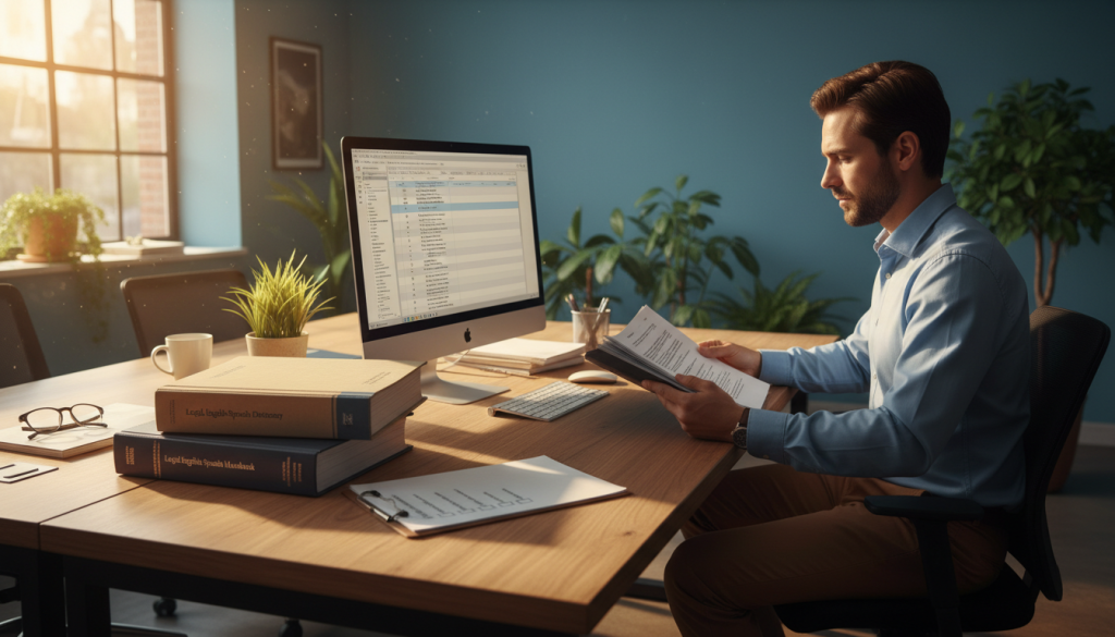 A person reviewing a document with a checklist, highlighting sections for translation.