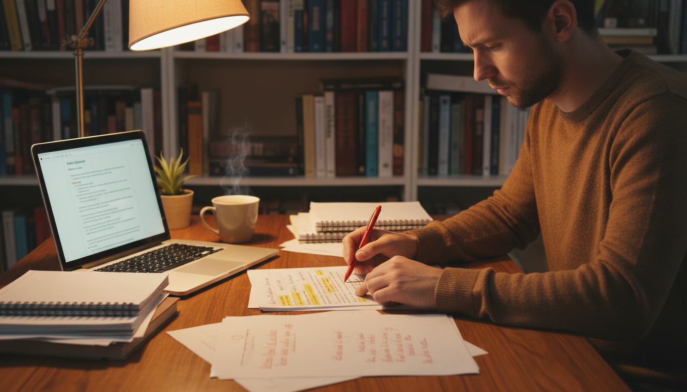 A person reviewing a translation document with a red pen, marking revisions and notes.