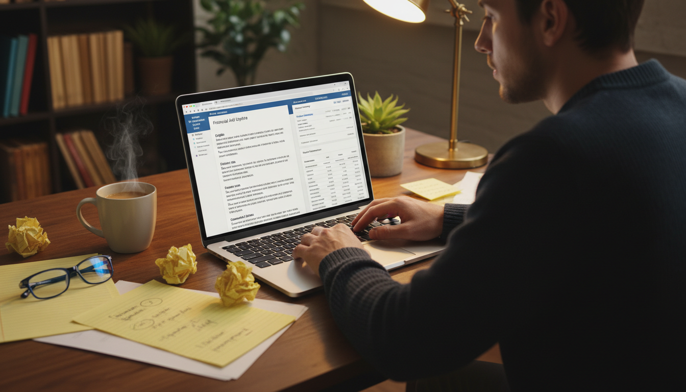 A person reviewing an email screenshot and an online statement in multiple languages on a laptop.