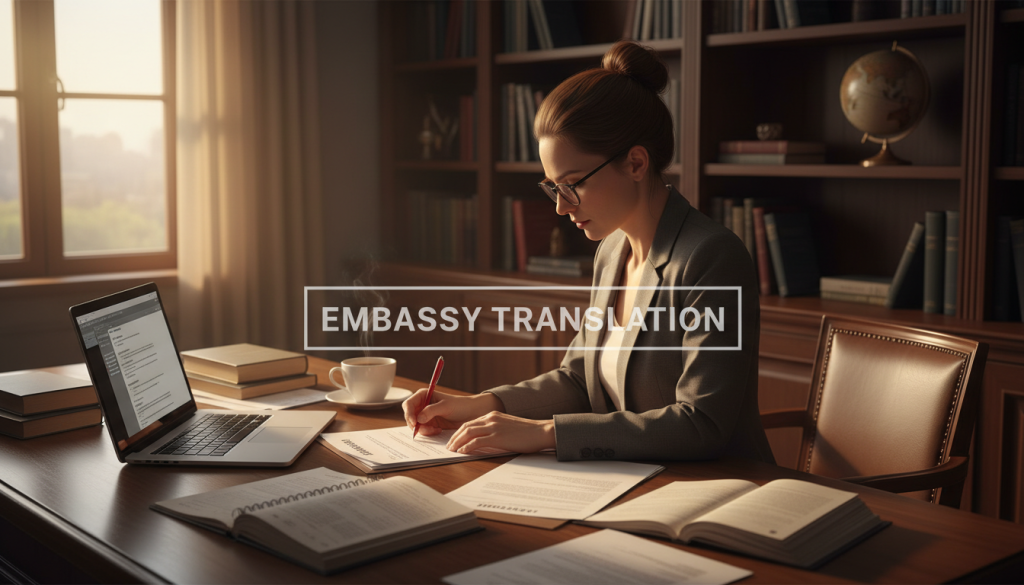 A person reviewing embassy translation documents at a desk with a laptop and notepad.