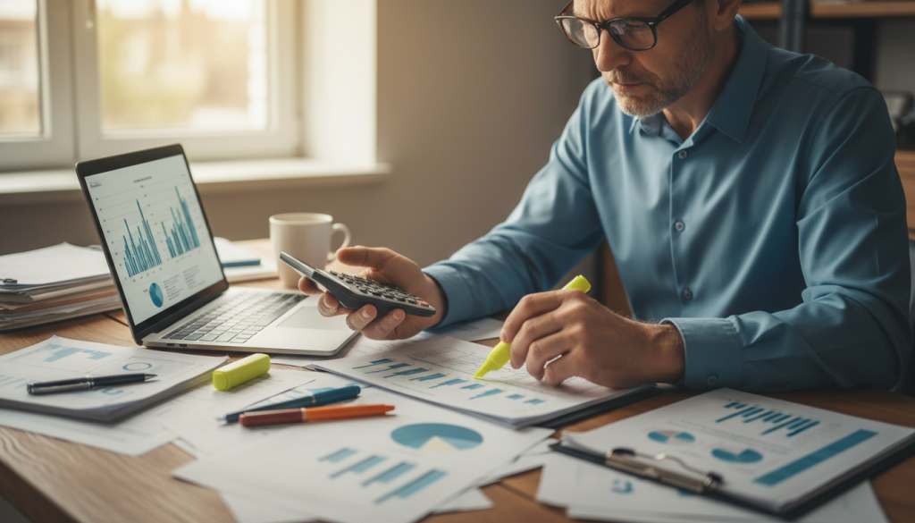 A person reviewing financial statements with a calculator, highlighting discrepancies in documents.
