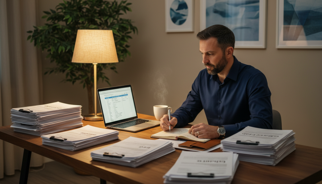 A person reviewing mortgage documents with a laptop and translation tools on the desk.
