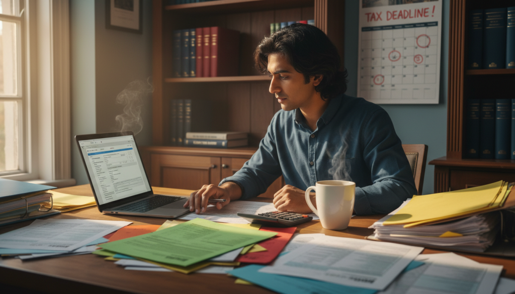 A person reviewing translated HMRC tax documents with a calculator and laptop.