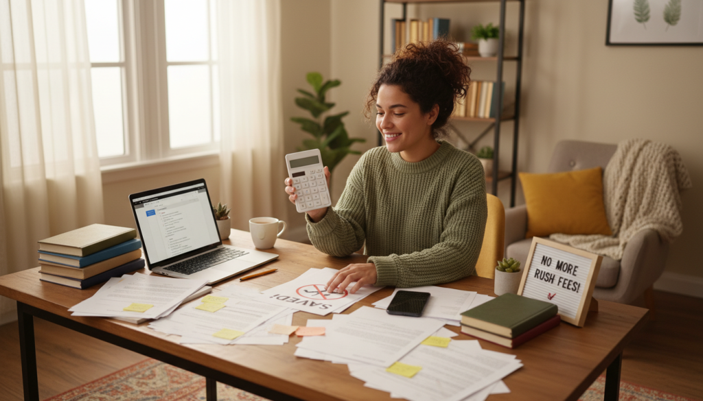 A person working on a laptop with translation documents and a calculator, looking relieved.