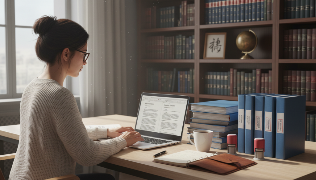 A professional translator working on an affidavit document in a modern office setting.
