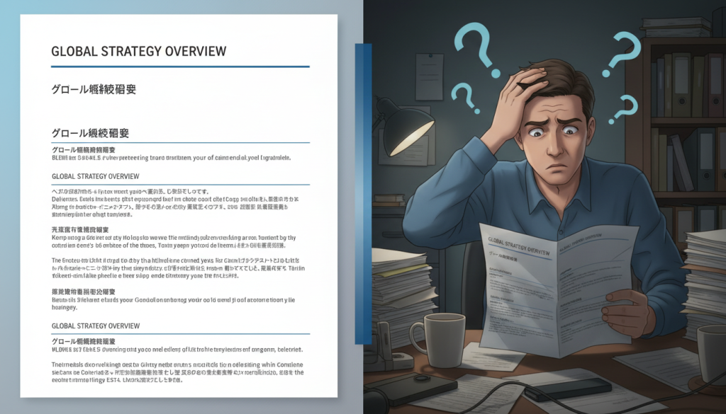 A split image showing a flawless translation on one side and a confused reader on the other side.