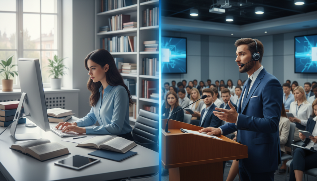 A split image showing a translator at a desk and an interpreter at a conference, both focused on their tasks.