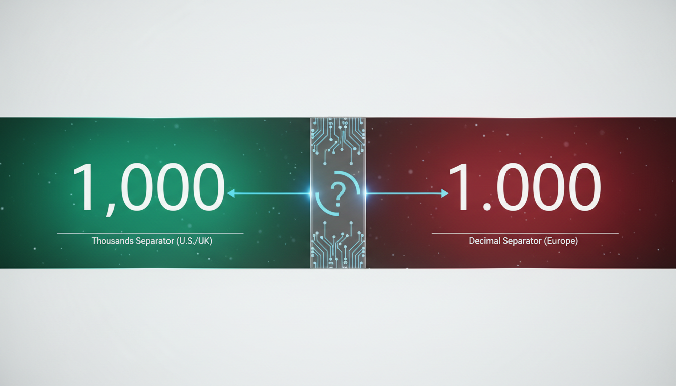 A split image showing different decimal separator formats: comma and period in numerical contexts.