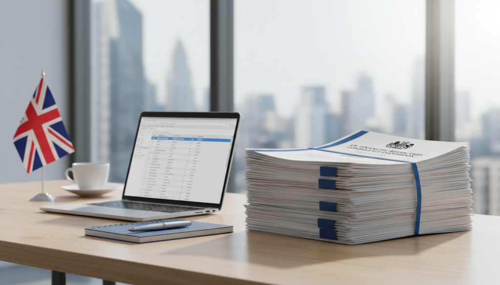 A stack of banking documents with a UK flag and a translator's tools in the background.