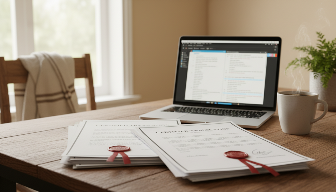 A stack of certified translation documents next to a laptop and a cup of coffee.