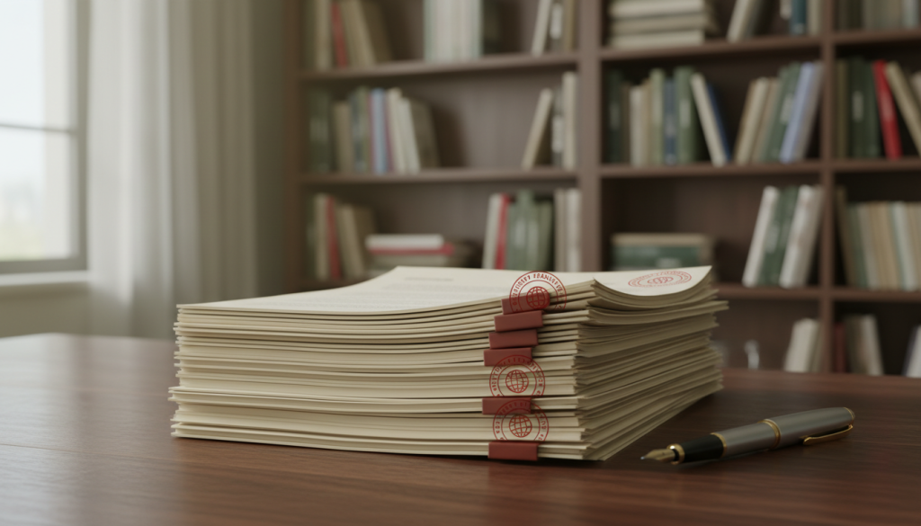 A stack of certified translation documents with a stamp and a pen on a wooden desk.