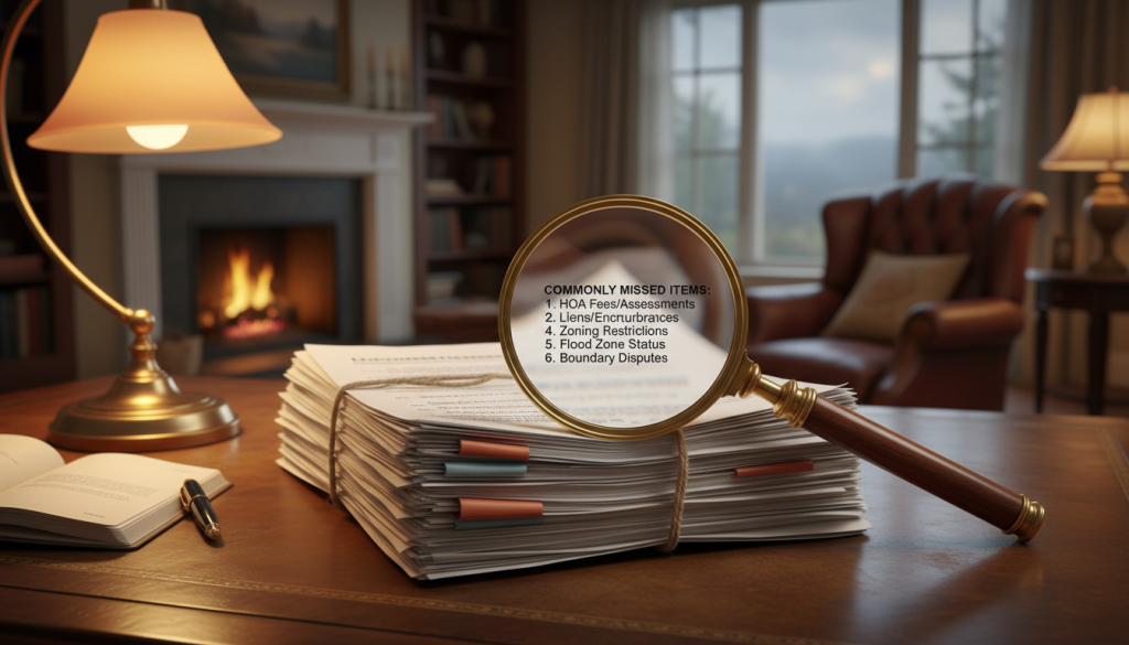 A stack of property documents with a magnifying glass highlighting missed items.