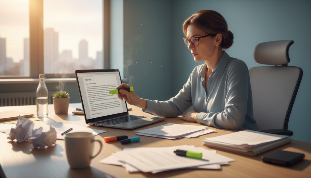 A translator working on contract documents with a laptop and notes in a bright office.