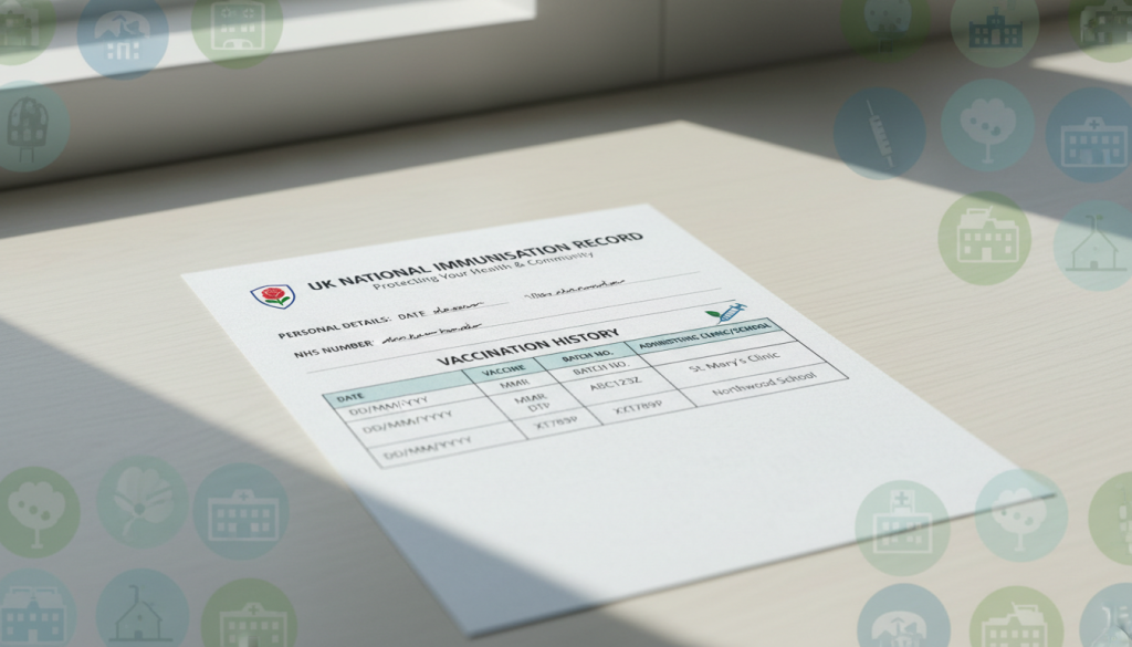 A vaccination record document with school and clinic icons in the background.