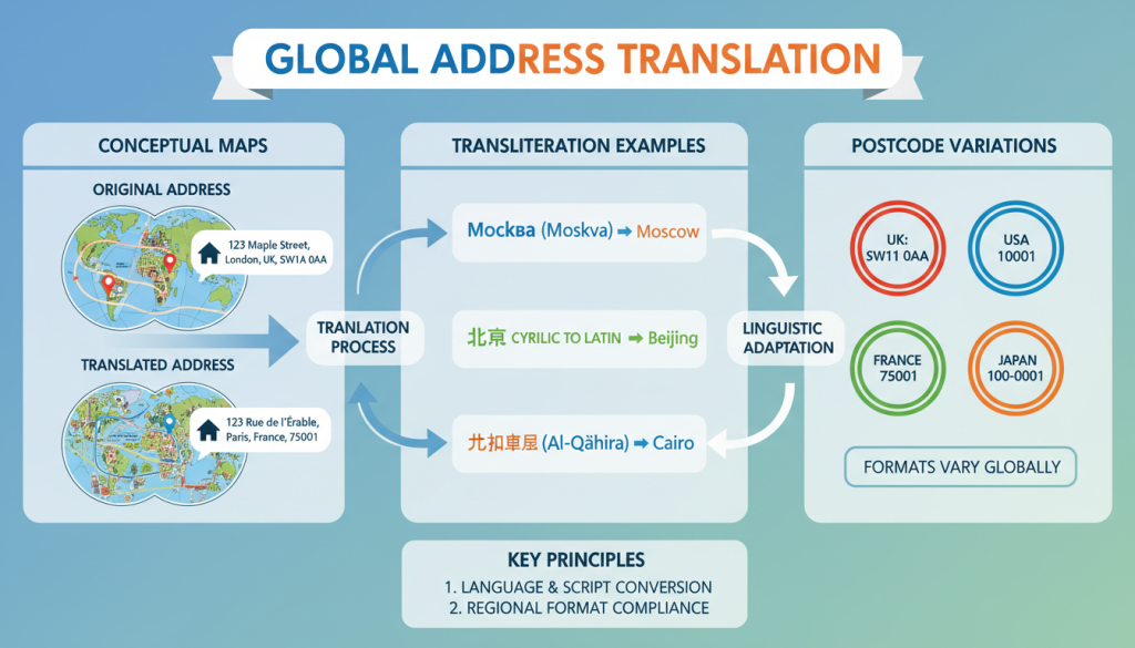 A visual representation of address translation with postcodes and transliteration elements.