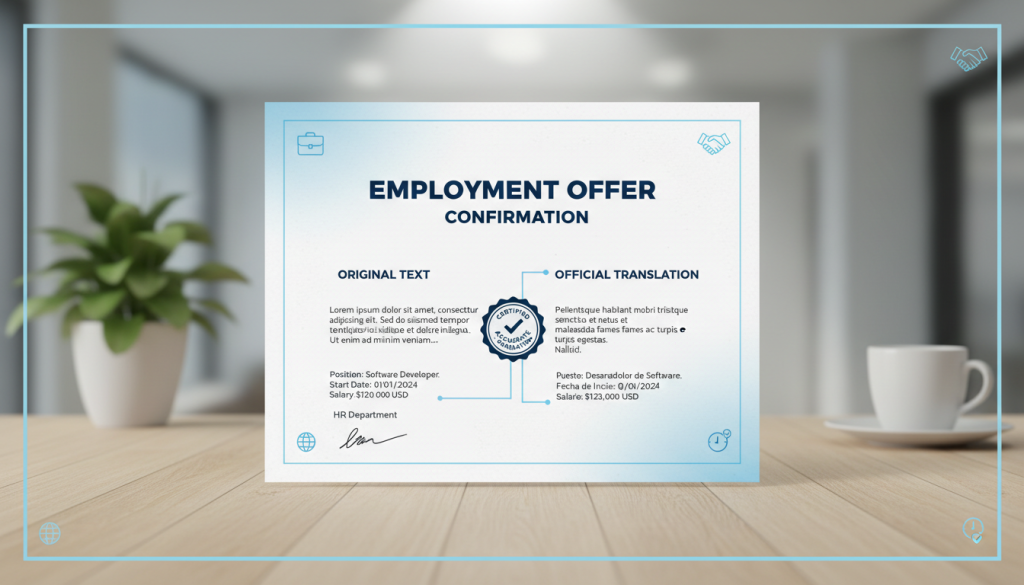 A visually appealing employment letter layout with translations highlighted, featuring HR elements.