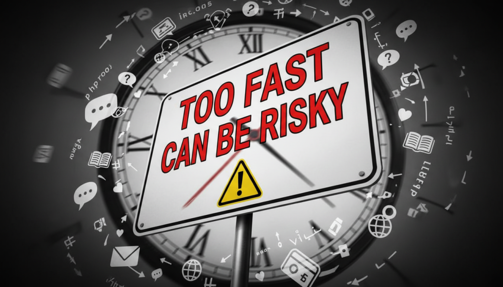 A warning sign with a clock and translation symbols, highlighting the risks of rushed translation.